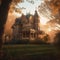 Victorian Mansion in Fall Sunset Light