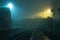 A Victorian railway station on a moody, atmospheric foggy winters night. Malvern, UK