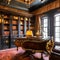 Victorian Steampunk Study: A steampunk study with antique leather furniture, Victorian-era decor, and brass details1, Generative