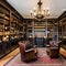 A Victorian steampunk-themed library with dark wood bookshelves, leather armchairs, and brass accents2