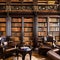 A Victorian steampunk-themed library with dark wood bookshelves, leather armchairs, and brass accents5