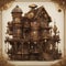 A Victorian-style steampunk house with brass accents, cogwheel decorations, and mechanical gadgets