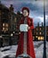 Victorian style woman walking down a 19th century London street