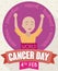 Victorious Young Lady Celebrating World Cancer Day in Flat Style, Vector Illustration