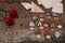 Victory Day. Carnations on a background of rusty iron with old military letters and medals. The Great Patriotic War