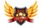 Victory game badge icon, UI vector trophy award, medieval shield, golden wings, star, red ribbon.