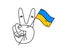 Victory, hand gesture on the background of the flag of Ukraine. Two fingers are raised