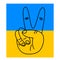 Victory, hand gesture on the background of the flag of Ukraine. Two fingers are raised