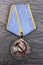 Victory medal and St. George`s ribbon. Hammer and sickle. Top view.