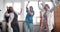Victory over coronavirus pandemic. Three fun diverse age happy female doctors dance celebrating success at clinic lab.