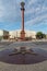 Victory Square in Kaliningrad. Russian emblem on the top of the column. Kaliningrad