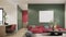 Video 4K, trendy modern room interior design and decoration with red fabric sofa, blank canvas frame on green wall. 3d rendering