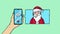 Video animation of conversation on mobile phone with christmas customer service. Hand is holding mobile phone and speech bubble wi