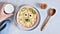 Video animation Funny cute kids childrens baby's healthy breakfast lunch porridge in bowl look like bear,mouse face
