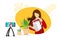 Video blogger woman making houseplant care content. Female housewife watering plant in pot web streaming. Grow indoor