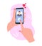 video call with boyfriend, female hands with phone isolated in white, woman holding smartphone, long distance relationship