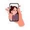 Video call concept. Video call with loved one. Male hand holding smartphone with girlfriend on screen. Finger touch screen. Vector