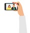 Video call with friends or colleagues at work. Female hands holding smartphone  screen shows people. Virtual online communication