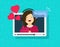 Video call of happy lovely girl vector illustration, flat cartoon sweetheart person chatting online with love hearts, on