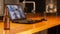 Video call on laptop prepared on a kitchen counter with friends from home with a beer in the foreground. Selective focus