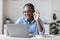 Video Call. Smiling Black Businesswoman In Headset Having Web Conference On Laptop