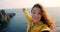 Video call, wave and woman hiking by the ocean on a travel vacation with cheerful happiness and excitement. Traveling