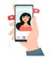 Video call with your girlfriend. A male hand holds a smartphone, on the screen is his girlfriend. Vector video call concept in car
