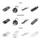 Video card, virus, flash drive, cable. Personal computer set collection icons in black,monochrome,outline style vector