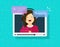 Video chatting online vector illustration, flat cartoon video player window with speaking happy girl and bubble speeches