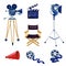 Video and cinema production, vector cartoon icons and design elements set. Movie studio equipment illustration