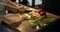 Video of close up cropped female hands chopping fresh celery in wooden kitchen corner. Cooking healthy vitamin salad