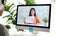 Video conference, Work from home, Asian woman holding business chart  while making video call to business team with virtual web,