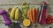 Video of fresh fruit, measuring tape, water bottle and dumbbells on wooden boards