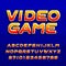 Video game alphabet font. Digital gradient uppercase letters. Pixel background.