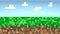Video game geometric mosaic waves pattern. Construction of hills landscape using brown and green grass blocks, blue sky and clouds