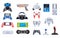 Video game joystick icons and gamers gadgets technology, controller set of vector illustrations. Electronic video