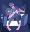 Video gamer concept vector. Video game streamer in virtual glasses. Cyber sport, pro gamer is sitting on sofa in night