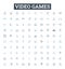 Video games vector line icons set. Gaming, consoles, Xbox, PlayStation, Nintendo, Action, RPG illustration outline