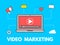 Video marketing concept. Laptop with business icons on blue background. Social network and media. Video content