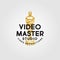 Video Master logo. Video Production Studio emblem. Symbol of gold award with letters.