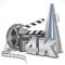 Video, movie, cinema production concept. Reels, clapperboard, megaphone and 4K. 3D
