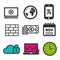 Video play icon. Laptop statistics symbol. Cloud security icon. Firewall sign. Clock and Calendar icons.