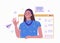 Video player window with speaking girl and bubble speeches messages on desktop. Vector flat cartoon illustration for web sites and