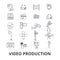 Video production, camera, editing, film, cinema, movie shoot, player line icons. Editable strokes. Flat design vector