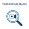 Video search icon. Vector illustration of a magnifier tool with video camera icon inside. Represents concept of finding a video,