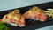 Video Seared salmon nigiri sushi with cheese and mayonnaise decoration in Japanese cuisine