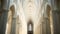 This Video showcases a grand cathedral with a multitude of columns, The interior of a cathedral with soaring arches