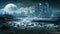 An Video showcasing a sprawling city of the future, illuminated by vibrant lights under a massive moon, Lunar surface with a