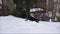 Video of a small black and white cat walking through the high snow
