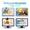 Video Streamer Set Vector. Personal Weblog Channel. Blogosphere Online. Popular Videobloggers. Isolated Flat Cartoon